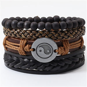 Taichi Khaki Black Beads Wristband Multilayer Leather Bracelets Set Men Bracelets Women Homme Fashion Jewelry Accessories