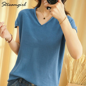 Woman T-shirts For Women 2020 Summer V-neck Knitted T Shirt Women Basic Black Cotton Tshirts Women's T-shirts Short Sleeve 2020