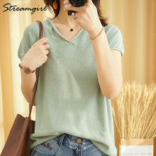 Load image into Gallery viewer, Woman T-shirts For Women 2020 Summer V-neck Knitted T Shirt Women Basic Black Cotton Tshirts Women&#39;s T-shirts Short Sleeve 2020
