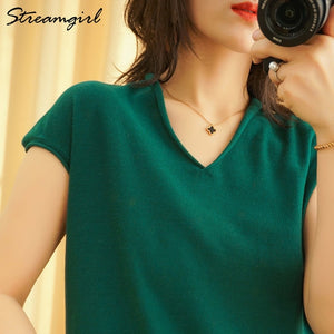 Woman T-shirts For Women 2020 Summer V-neck Knitted T Shirt Women Basic Black Cotton Tshirts Women's T-shirts Short Sleeve 2020