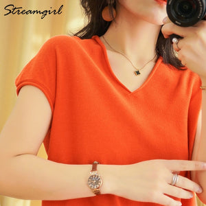 Woman T-shirts For Women 2020 Summer V-neck Knitted T Shirt Women Basic Black Cotton Tshirts Women's T-shirts Short Sleeve 2020