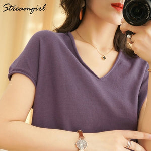 Woman T-shirts For Women 2020 Summer V-neck Knitted T Shirt Women Basic Black Cotton Tshirts Women's T-shirts Short Sleeve 2020