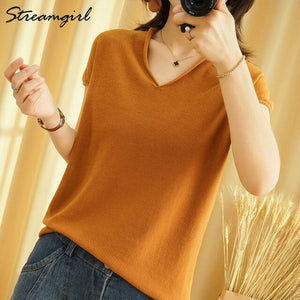 Woman T-shirts For Women 2020 Summer V-neck Knitted T Shirt Women Basic Black Cotton Tshirts Women's T-shirts Short Sleeve 2020