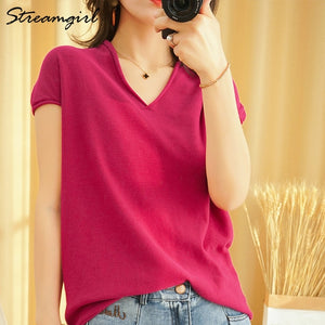 Woman T-shirts For Women 2020 Summer V-neck Knitted T Shirt Women Basic Black Cotton Tshirts Women's T-shirts Short Sleeve 2020