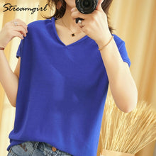 Load image into Gallery viewer, Woman T-shirts For Women 2020 Summer V-neck Knitted T Shirt Women Basic Black Cotton Tshirts Women&#39;s T-shirts Short Sleeve 2020
