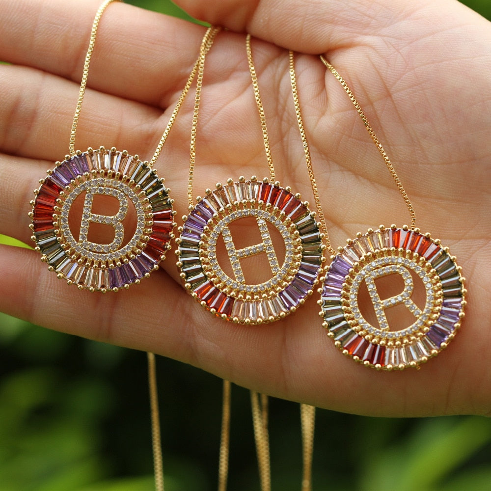 1Pcs New Trendy Gold Color Micro Pave Rainbow CZ Cubic Zirconia A-Z Initials Letter Pendant Necklaces For Women Jewelry