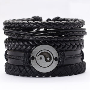 Black Taichi  Feather Men Bracelets 5pcs/set Wristband Fashion Rope Wrap Cuff Bangle Leather Bracelets Women Jewelry Accessories