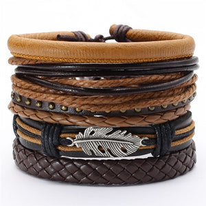 Black Taichi  Feather Men Bracelets 5pcs/set Wristband Fashion Rope Wrap Cuff Bangle Leather Bracelets Women Jewelry Accessories