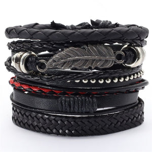 Black Taichi  Feather Men Bracelets 5pcs/set Wristband Fashion Rope Wrap Cuff Bangle Leather Bracelets Women Jewelry Accessories