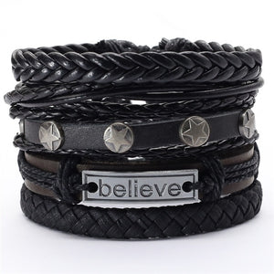 Black Taichi  Feather Men Bracelets 5pcs/set Wristband Fashion Rope Wrap Cuff Bangle Leather Bracelets Women Jewelry Accessories