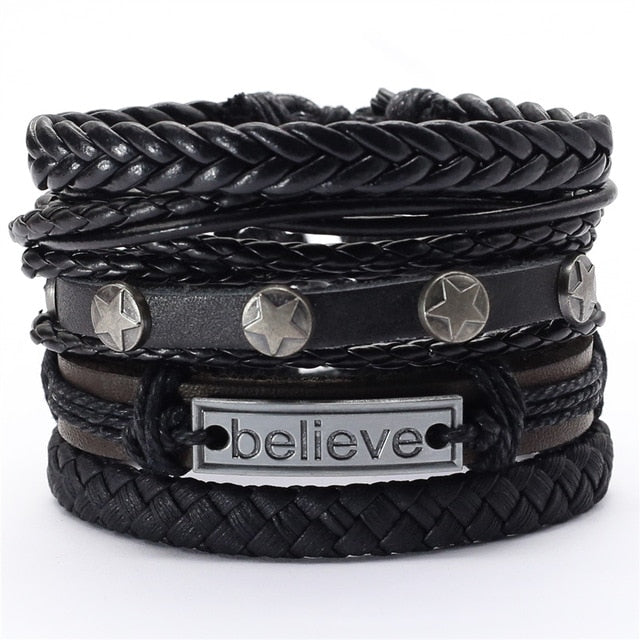 Black Taichi  Feather Men Bracelets 5pcs/set Wristband Fashion Rope Wrap Cuff Bangle Leather Bracelets Women Jewelry Accessories