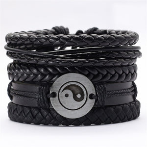 Black Taichi  Feather Men Bracelets 5pcs/set Wristband Fashion Rope Wrap Cuff Bangle Leather Bracelets Women Jewelry Accessories