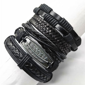 Black Taichi  Feather Men Bracelets 5pcs/set Wristband Fashion Rope Wrap Cuff Bangle Leather Bracelets Women Jewelry Accessories