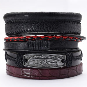 Black Taichi  Feather Men Bracelets 5pcs/set Wristband Fashion Rope Wrap Cuff Bangle Leather Bracelets Women Jewelry Accessories