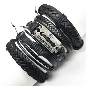 Black Taichi  Feather Men Bracelets 5pcs/set Wristband Fashion Rope Wrap Cuff Bangle Leather Bracelets Women Jewelry Accessories