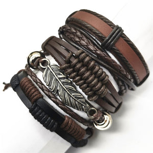 Black Taichi  Feather Men Bracelets 5pcs/set Wristband Fashion Rope Wrap Cuff Bangle Leather Bracelets Women Jewelry Accessories