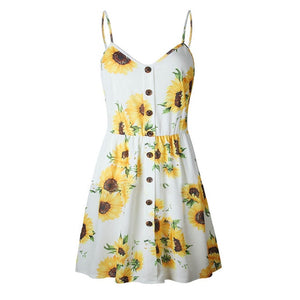Women'S Dresses Jurken Elbise Sukienki Sexy Sling Sleeveless V Neck Sunflower Print Button Beach Frock Vestido Lady Clothing#C45