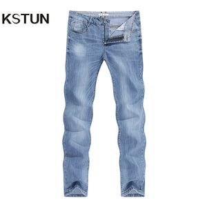 2020 Jeans Men Fashion Business Casual Straight Slim Fit Ultrathin Breathable Stretch Light Blue Summer Denim Pants Jeans Male