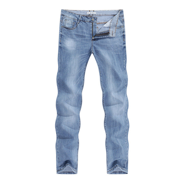 2020 Jeans Men Fashion Business Casual Straight Slim Fit Ultrathin Breathable Stretch Light Blue Summer Denim Pants Jeans Male