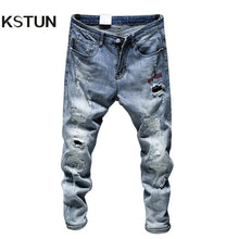 Load image into Gallery viewer, Mens Jeans Holes Frayed Hiphop Ripped Light Blue Skinny Stretch Slim Leg Streetwear Distressed Moto Biker Jeans Male Denim Pants
