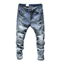 Load image into Gallery viewer, Mens Jeans Holes Frayed Hiphop Ripped Light Blue Skinny Stretch Slim Leg Streetwear Distressed Moto Biker Jeans Male Denim Pants
