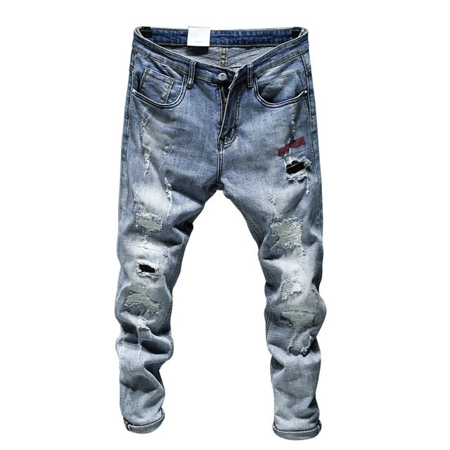 Mens Jeans Holes Frayed Hiphop Ripped Light Blue Skinny Stretch Slim Leg Streetwear Distressed Moto Biker Jeans Male Denim Pants