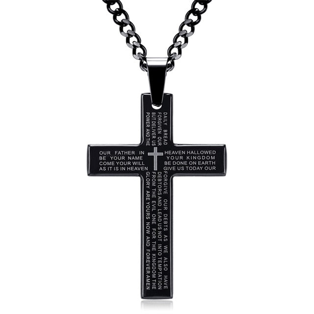 Retro Christian Jesus Single Titanium Scripture Cross Necklace Stainless Steel Black Prayer Choker Cross Pendants For Men Colar