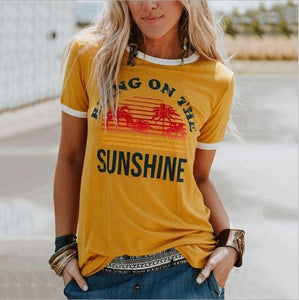 New Women's T-Shirt Bring On The Sunshine Letter Print Top Tees O Neck Short Sleeve Casual T Shirt