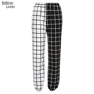 Sisterlinda Stitching Contrast Cargo Pants Women Loose Hight Waist Plaid Trousers Elasticity Sportpants Mujer Sweatpants Women