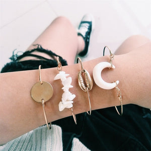 7 Pcs/set Women Bracelets Boho Retro Shell Moon Star Crystal Beaded Gold Chain Bracelet Set Beach Fashion Bangle Jewelry