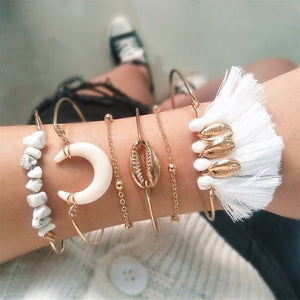 7 Pcs/set Women Bracelets Boho Retro Shell Moon Star Crystal Beaded Gold Chain Bracelet Set Beach Fashion Bangle Jewelry