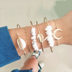 7 Pcs/set Women Bracelets Boho Retro Shell Moon Star Crystal Beaded Gold Chain Bracelet Set Beach Fashion Bangle Jewelry