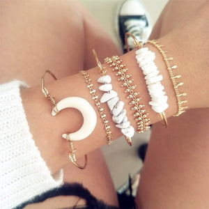 7 Pcs/set Women Bracelets Boho Retro Shell Moon Star Crystal Beaded Gold Chain Bracelet Set Beach Fashion Bangle Jewelry