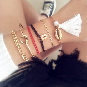 7 Pcs/set Women Bracelets Boho Retro Shell Moon Star Crystal Beaded Gold Chain Bracelet Set Beach Fashion Bangle Jewelry