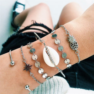 7 Pcs/set Women Bracelets Boho Retro Shell Moon Star Crystal Beaded Gold Chain Bracelet Set Beach Fashion Bangle Jewelry