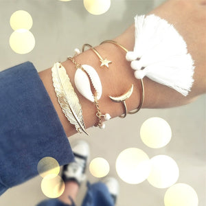 7 Pcs/set Women Bracelets Boho Retro Shell Moon Star Crystal Beaded Gold Chain Bracelet Set Beach Fashion Bangle Jewelry