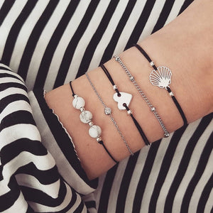7 Pcs/set Women Bracelets Boho Retro Shell Moon Star Crystal Beaded Gold Chain Bracelet Set Beach Fashion Bangle Jewelry