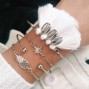 7 Pcs/set Women Bracelets Boho Retro Shell Moon Star Crystal Beaded Gold Chain Bracelet Set Beach Fashion Bangle Jewelry