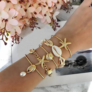 7 Pcs/set Women Bracelets Boho Retro Shell Moon Star Crystal Beaded Gold Chain Bracelet Set Beach Fashion Bangle Jewelry