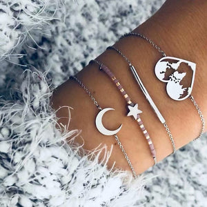 7 Pcs/set Women Bracelets Boho Retro Shell Moon Star Crystal Beaded Gold Chain Bracelet Set Beach Fashion Bangle Jewelry