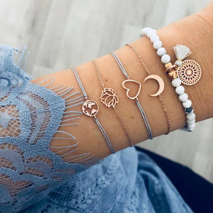 7 Pcs/set Women Bracelets Boho Retro Shell Moon Star Crystal Beaded Gold Chain Bracelet Set Beach Fashion Bangle Jewelry