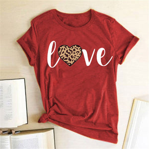 Leopard Heart Print Love T Shirts for Couples Women Fashion Short Sleeve Cute T-shirt Valentine's Day Tops Harajuku O-Neck Tees