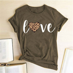 Leopard Heart Print Love T Shirts for Couples Women Fashion Short Sleeve Cute T-shirt Valentine's Day Tops Harajuku O-Neck Tees