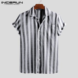 INCERUN 2020 Fashion Casual Shirt Men Striped Short Sleeve Lapel Neck Breathable Blouse Camisa Masculina Brand Shirts Men S-5XL