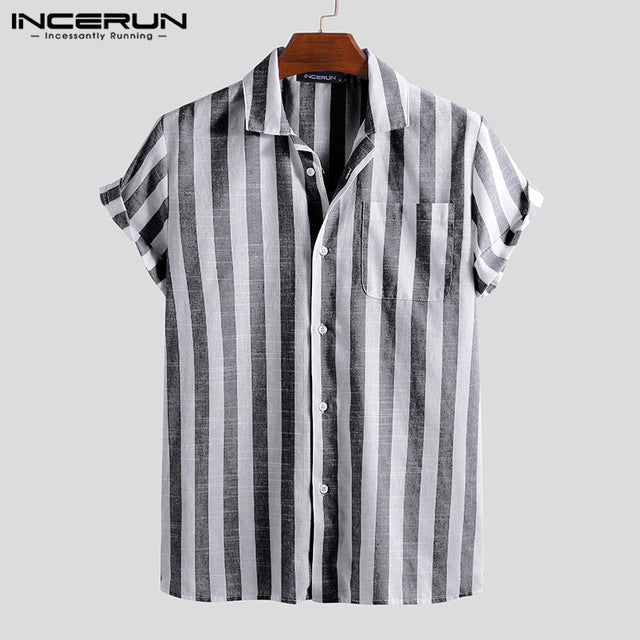 INCERUN 2020 Fashion Casual Shirt Men Striped Short Sleeve Lapel Neck Breathable Blouse Camisa Masculina Brand Shirts Men S-5XL