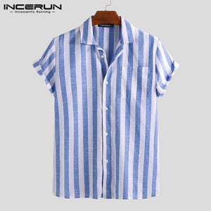 INCERUN 2020 Fashion Casual Shirt Men Striped Short Sleeve Lapel Neck Breathable Blouse Camisa Masculina Brand Shirts Men S-5XL