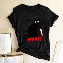 Load image into Gallery viewer, Black Cat What Tshirt Murderous Cat Knife Women Funny T Shirt Short Sleeve Halloween Tops Tees Femme Camisetas Verano Mujer 2019
