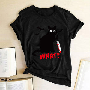 Black Cat What Tshirt Murderous Cat Knife Women Funny T Shirt Short Sleeve Halloween Tops Tees Femme Camisetas Verano Mujer 2019
