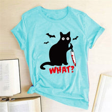 Load image into Gallery viewer, Black Cat What Tshirt Murderous Cat Knife Women Funny T Shirt Short Sleeve Halloween Tops Tees Femme Camisetas Verano Mujer 2019
