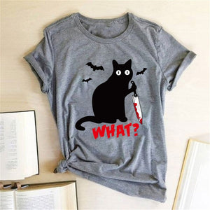 Black Cat What Tshirt Murderous Cat Knife Women Funny T Shirt Short Sleeve Halloween Tops Tees Femme Camisetas Verano Mujer 2019